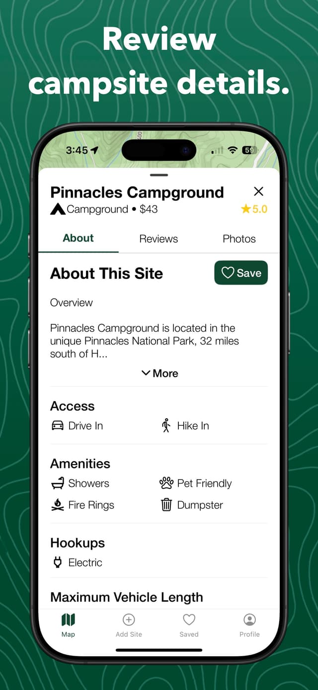 Campsite detail view with amenities and reviews